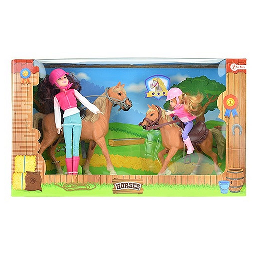 Coffret de jeu d'équitation 2 poupées + chevaux