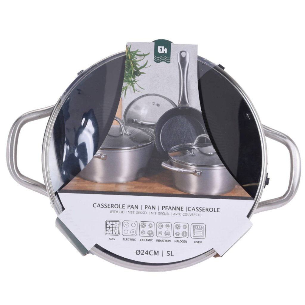 Excellente casserole ménagère 24 cm + couvercle en verre