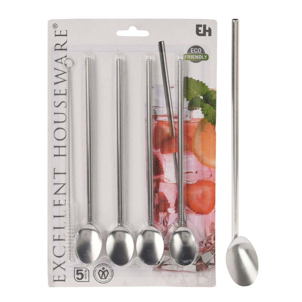 Excellents articles ménagers pailles en acier inoxydable avec cuillère 4 pièces + brosse de nettoyage