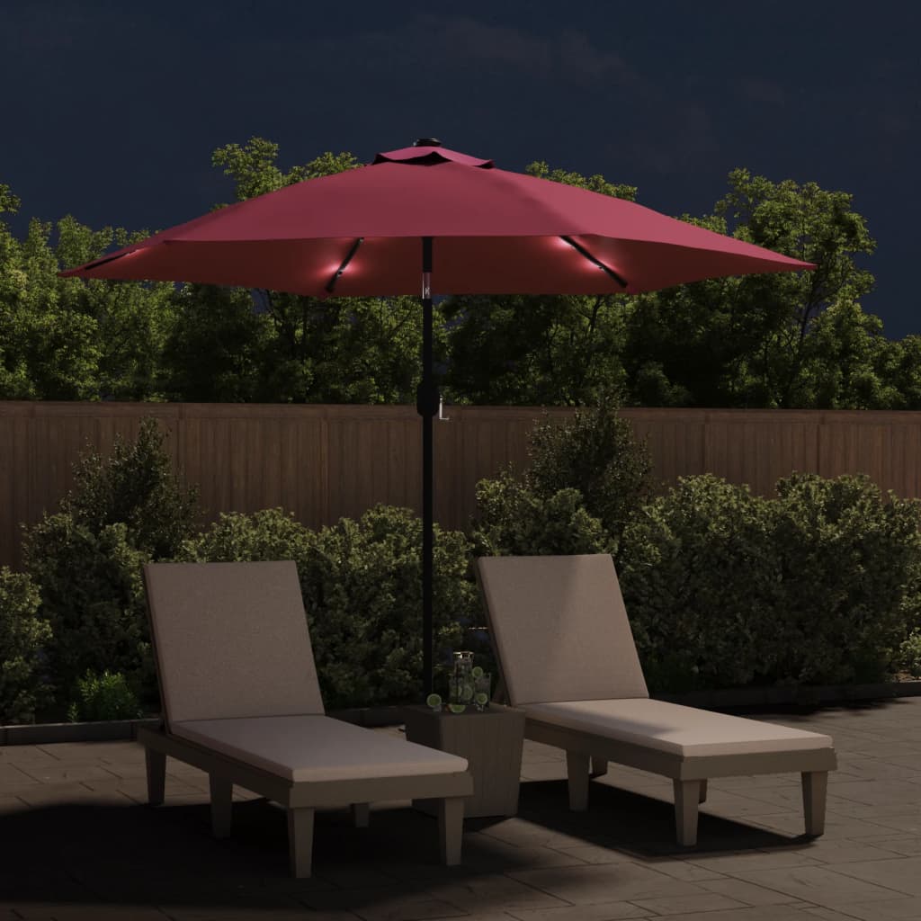 Parasol vidaxl avec éclairage LED et poteau en acier 300 cm Bordeaux rouge