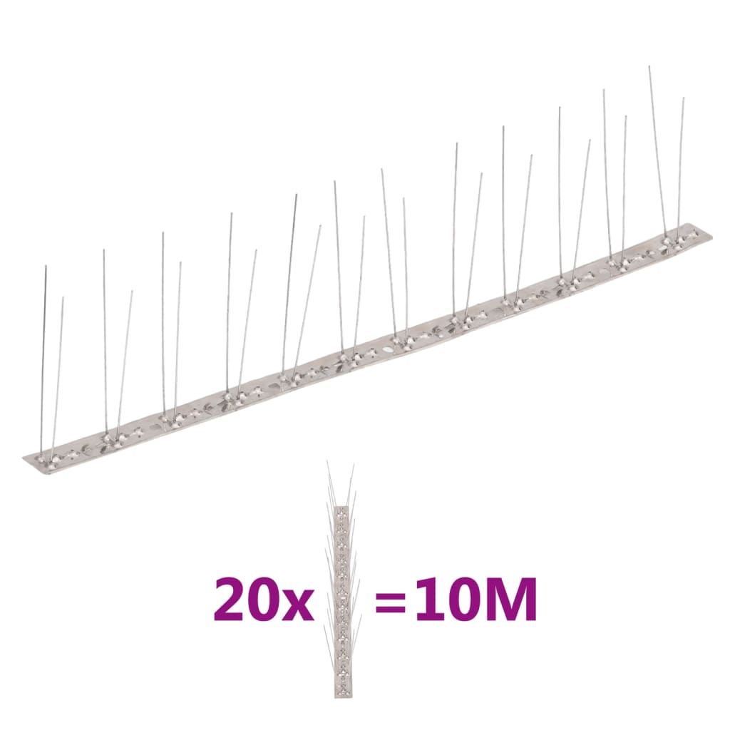 Épingles d'oiseau et de pigeon Vidaxl avec 2 rangées de 20 pcs 10 m en acier inoxydable