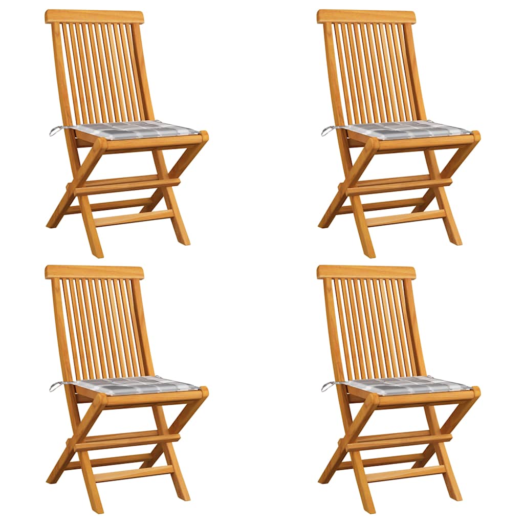 Vidaxl tuinstoelen 4 st met grijs geruite kussens massief teakhout