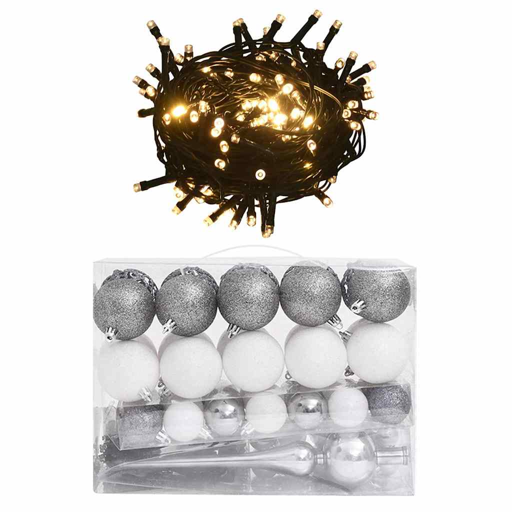 VidaXL Ensemble boule de Noël 60 pièces avec pic et 150 LED blanches et grises