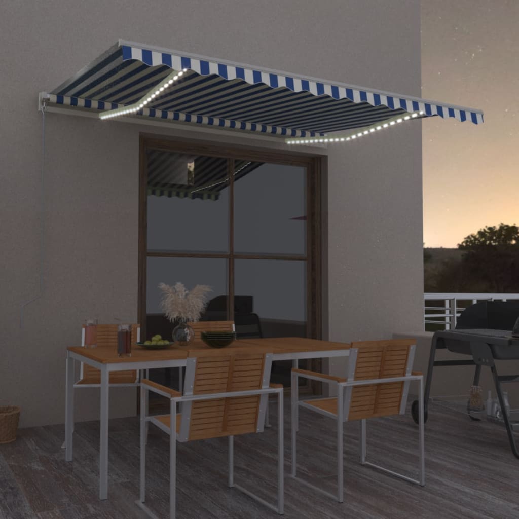 Vidaxl Luifel extensible manuellement avec LED 400x350 cm bleu et blanc
