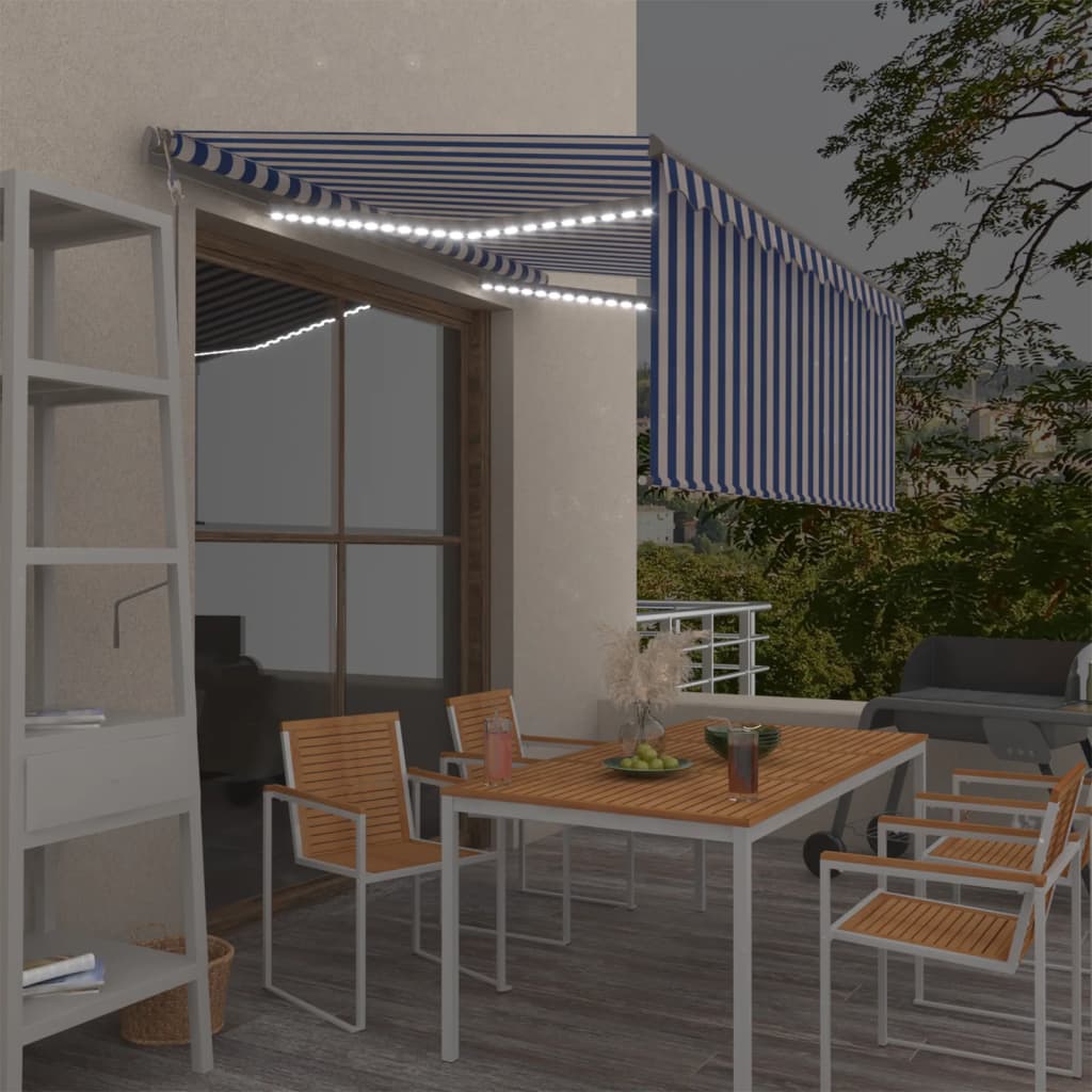 Vidaxl Laifel avec capteur à rouleau à rouleau, LED et vent 3,5x2,5 m bleu et blanc