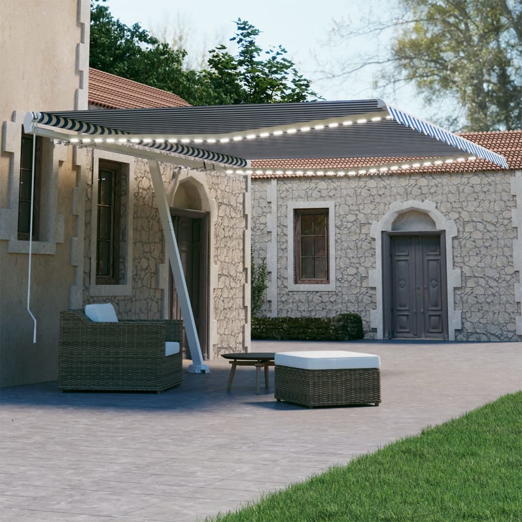 Vidaxl Luifel extensible manuellement avec LED 450x300 cm bleu et blanc