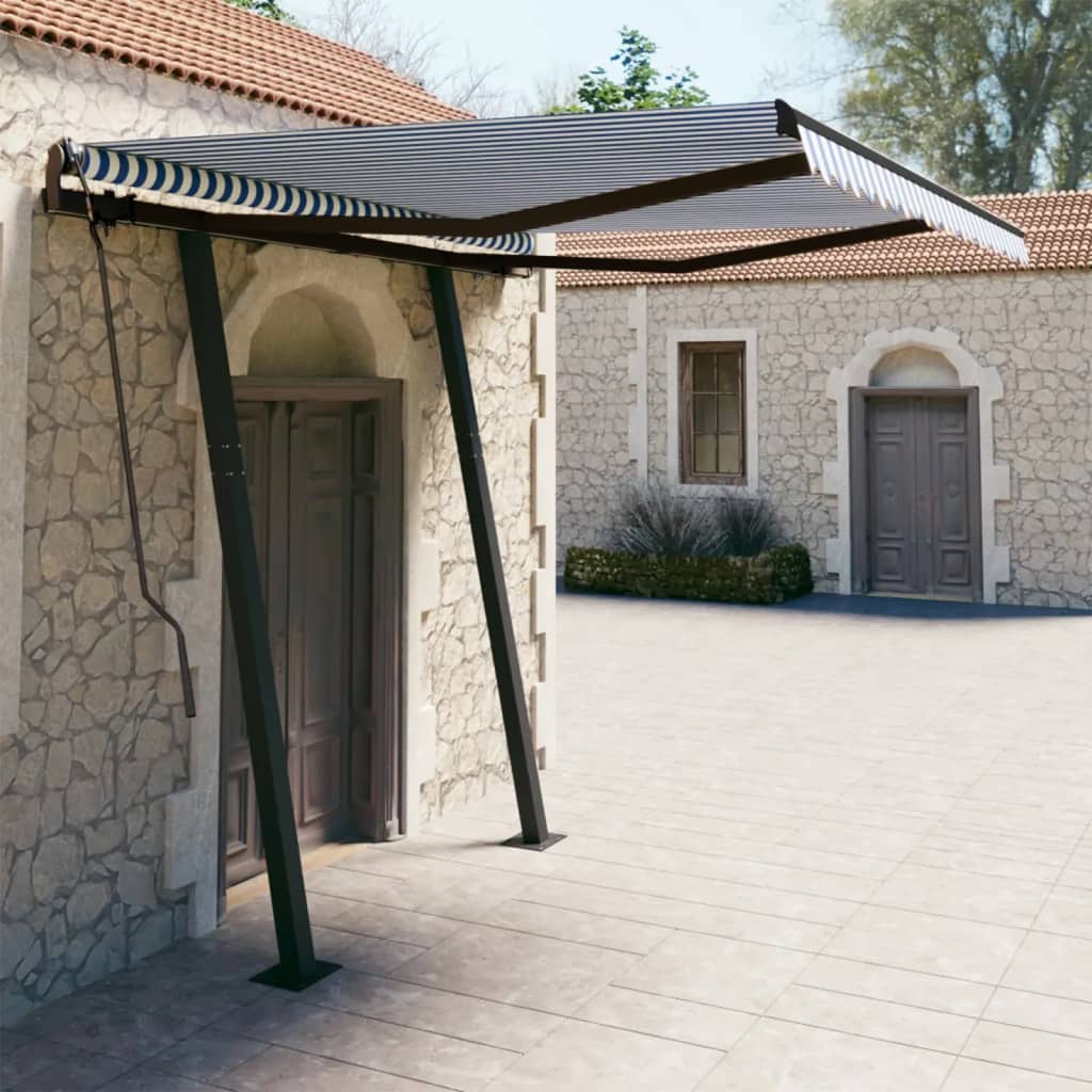 Vidaxl Luifel extensible manuellement avec des poteaux de 3,5 x 2,5 m bleu et blanc