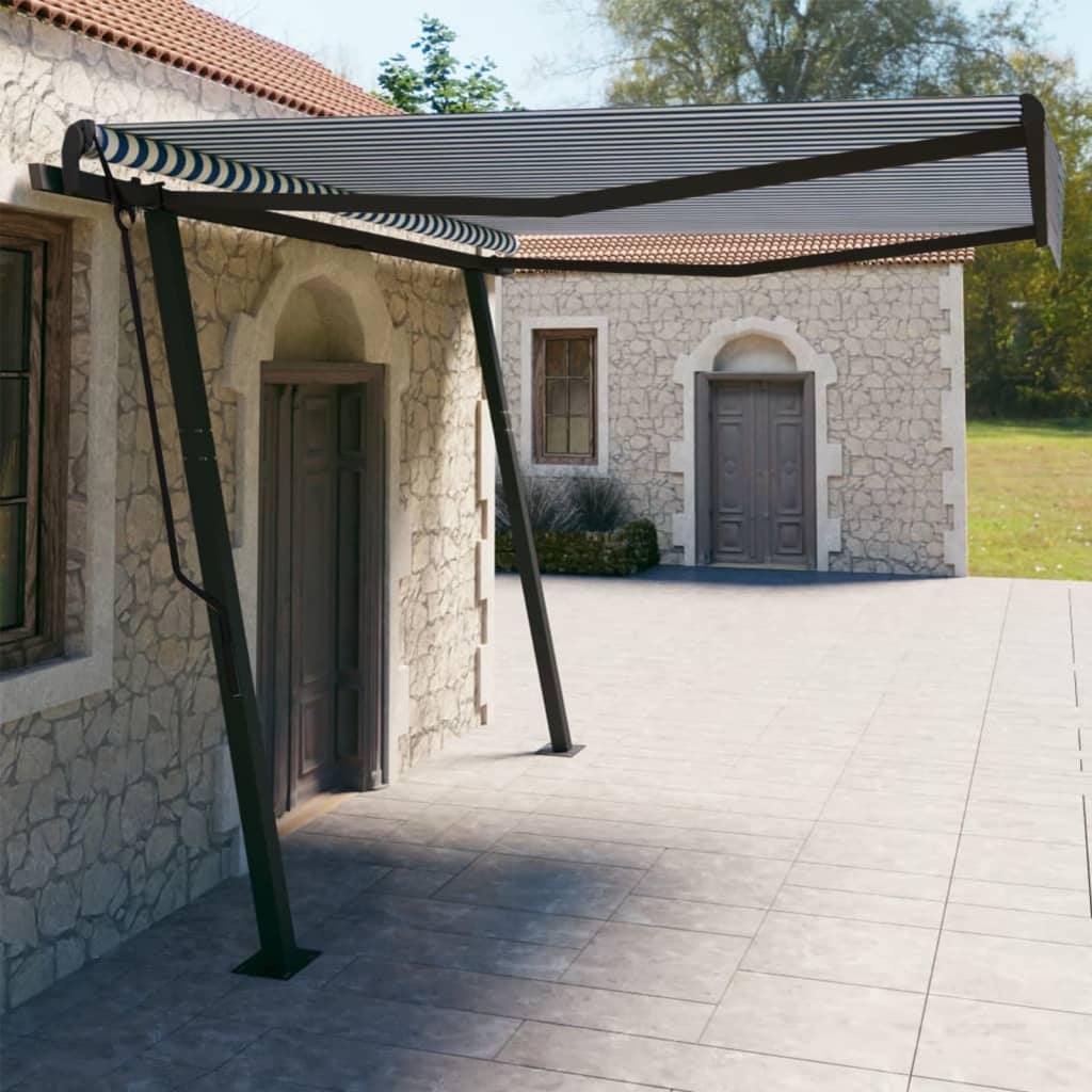 VidaXL Auvent extensible manuellement avec poteaux 4x3 m bleu et blanc