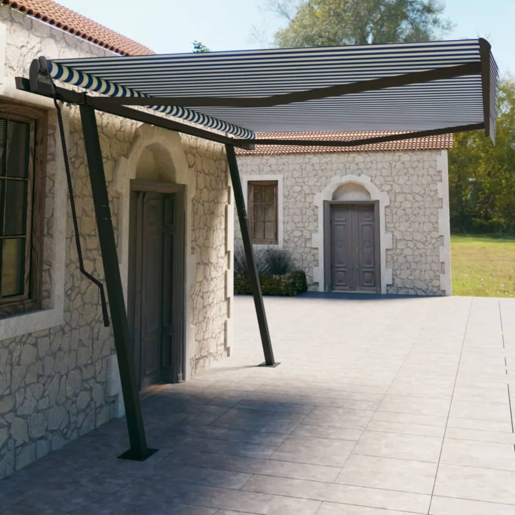 Auvent VidaXL extensible automatiquement avec poteaux 4,5x3 m bleu et blanc