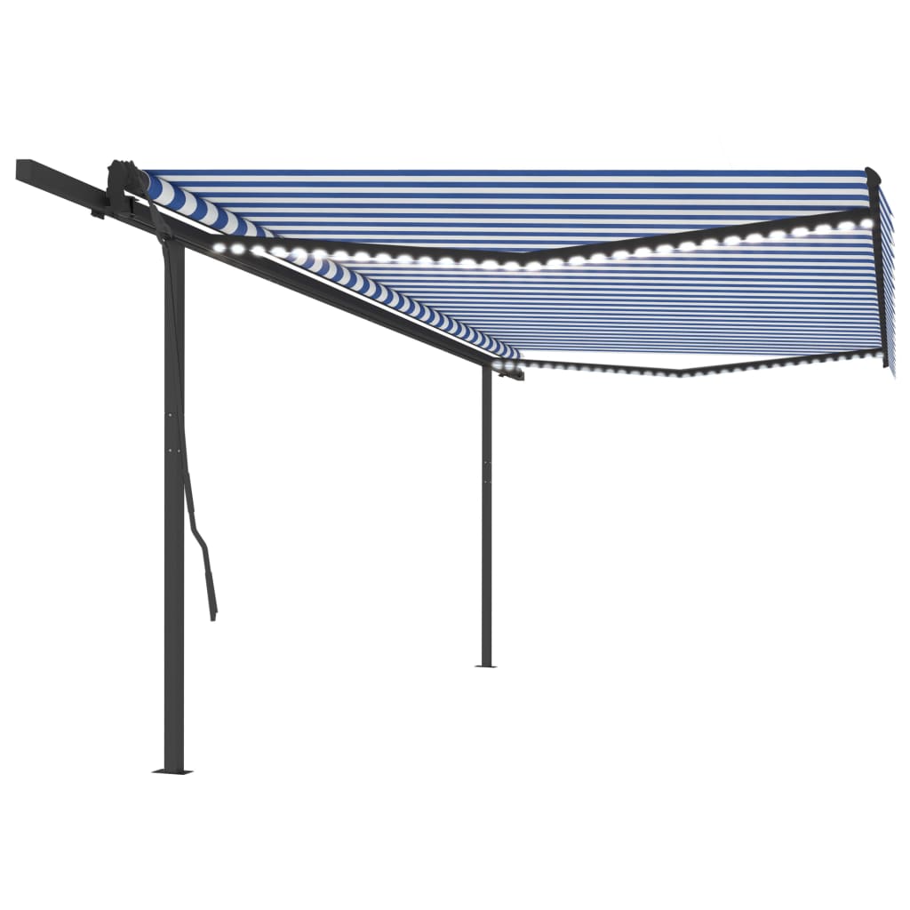 Auvent VidaXL extensible manuellement avec LED 5x3,5 m bleu et blanc