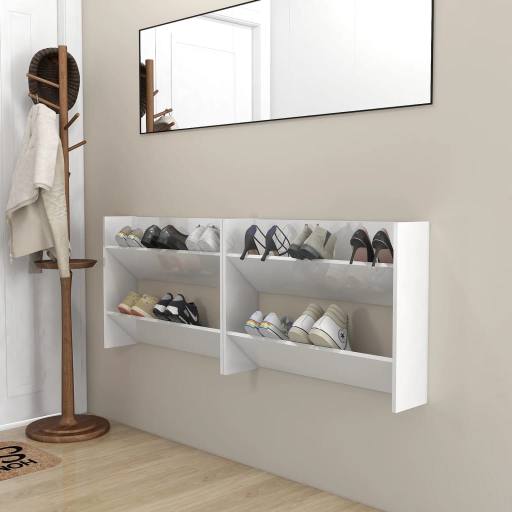 Armoires à chaussures murales vidaxl 2 ST 80x18x60 cm en bois de bois haute brillant blanc