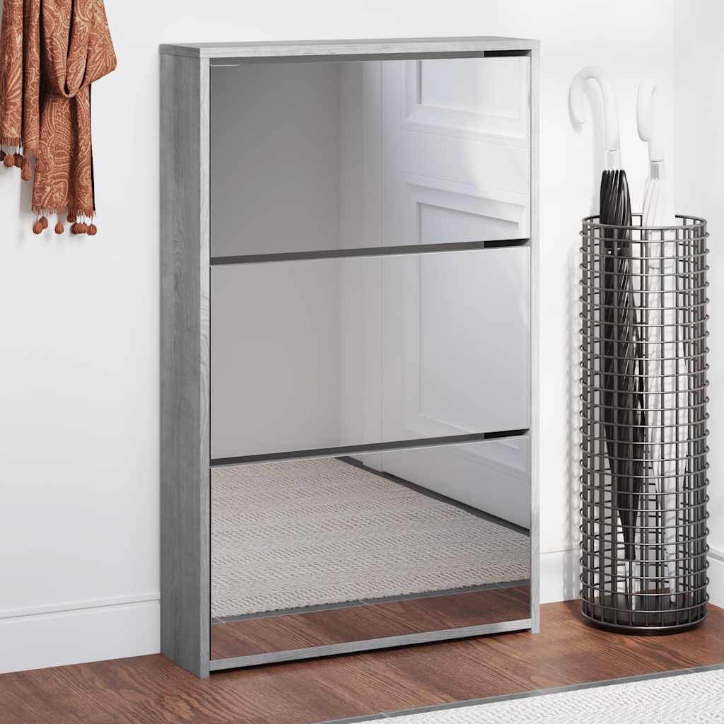 VidaXL armoire à chaussures avec miroir 3 niveaux 63x17x102,5 cm gris Sonoma
