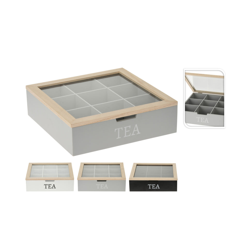 Boîte à thé Basic en bois 9 compartiments 24x24 cm assortis