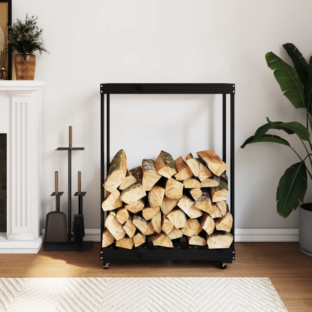 Vidaxx porte-bûches avec roulettes 76,5x40x108 cm bois de pin noir