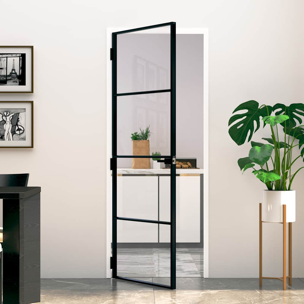 VidaXL Porte intérieure 76x201,5 cm verre trempé et aluminium étroit noir