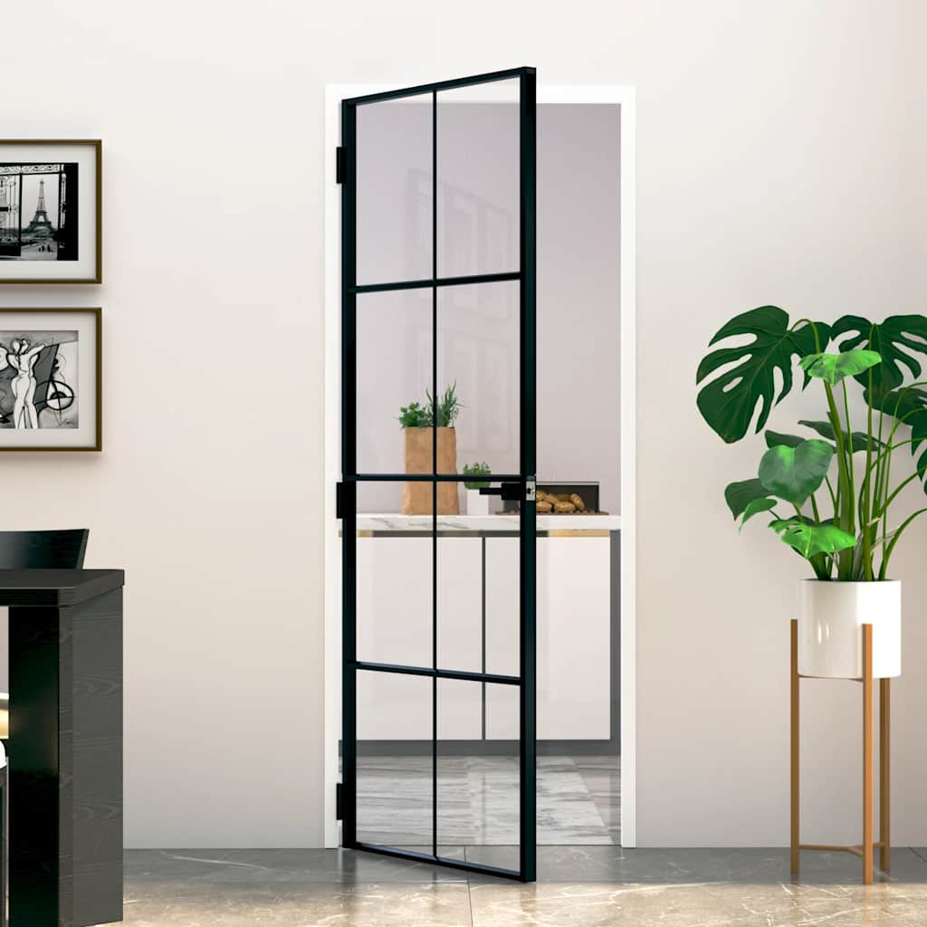 VidaXL Porte intérieure 76x201,5 cm verre trempé et aluminium étroit noir