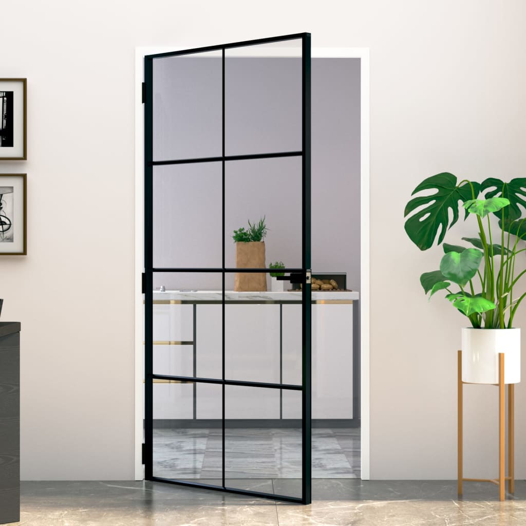 VidaXL Porte intérieure 102x201,5 cm verre trempé et aluminium étroit noir
