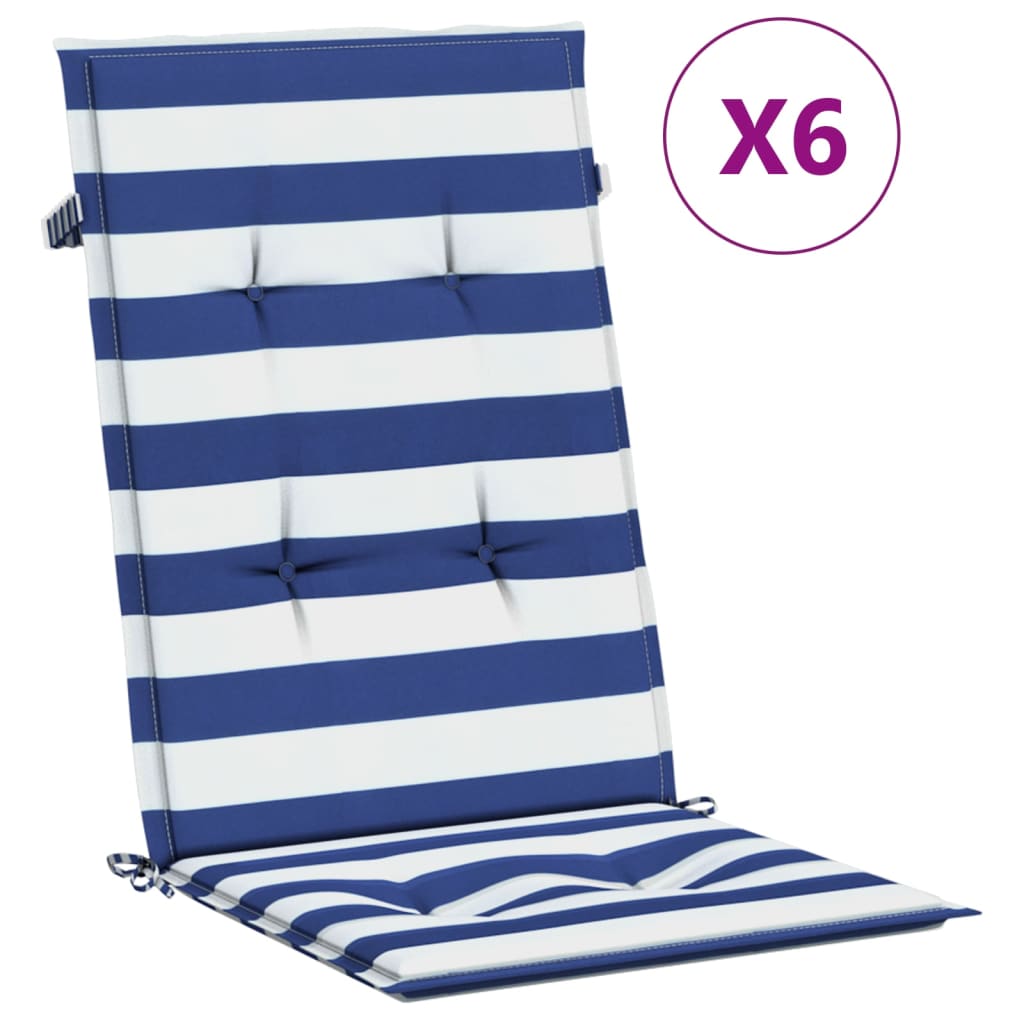 VidaXL coussins de chaise 6 pcs dossier haut tissu rayé blanc et bleu