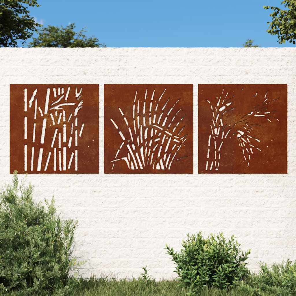 Vidaxxl décoration murale jardin 3 pcs motif herbe 55x55 cm acier corten