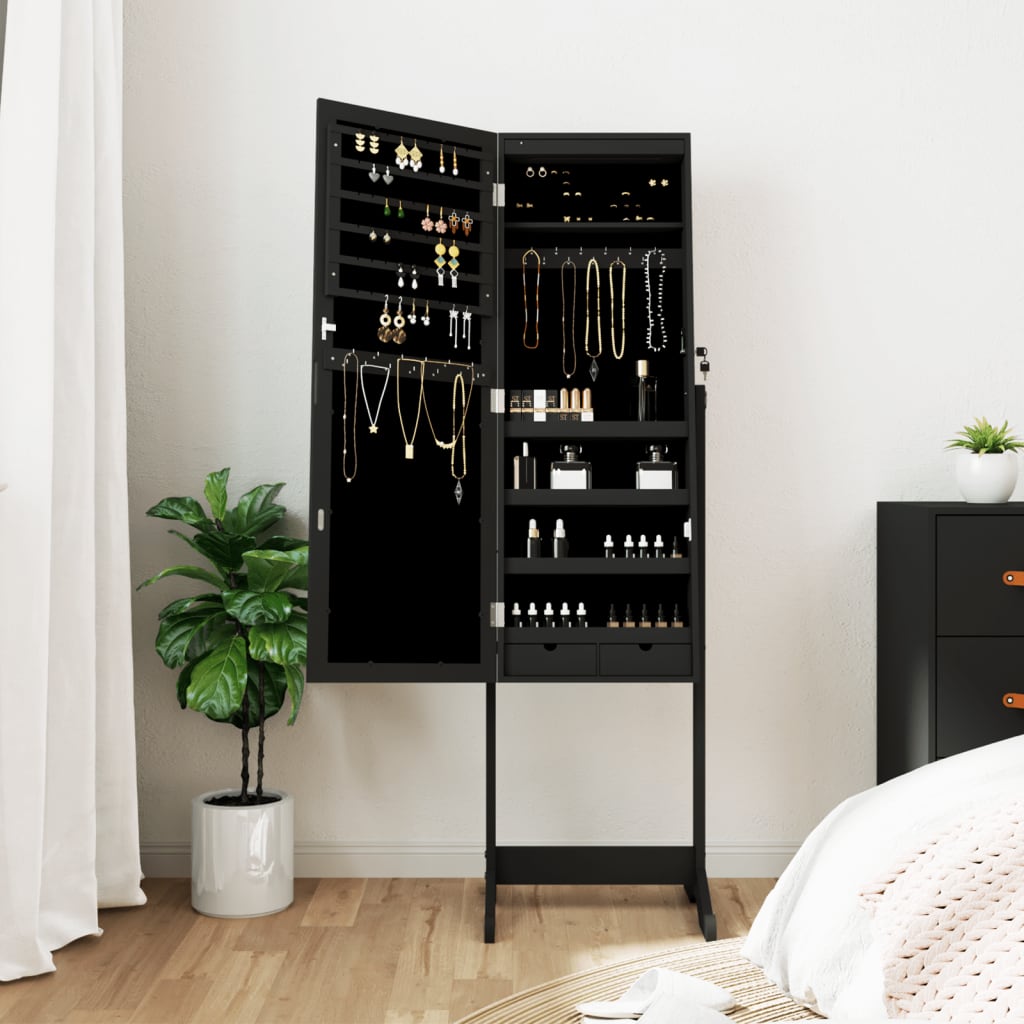 VidaXL armoire à bijoux avec miroir et éclairage LED sur pied noir