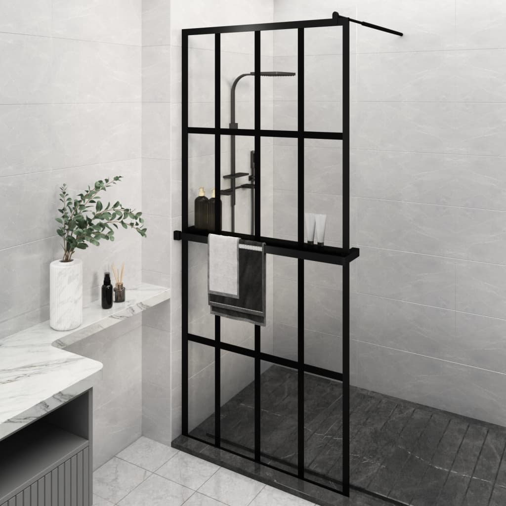 VidaXL Paroi de douche à l'italienne avec étagère 90x195 cm ESG verre aluminium noir
