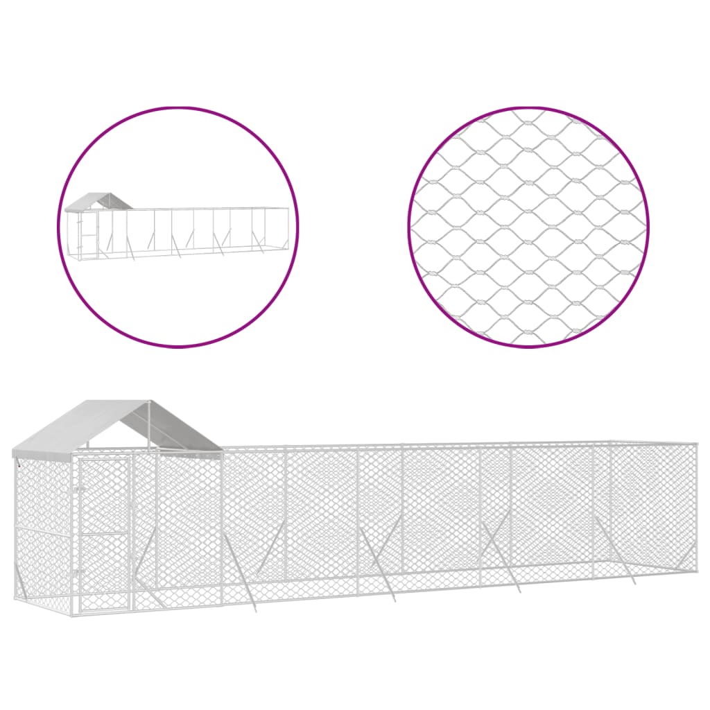 VidaXL Chenil pour chien avec toit 10x2x2,5 m en acier galvanisé argent