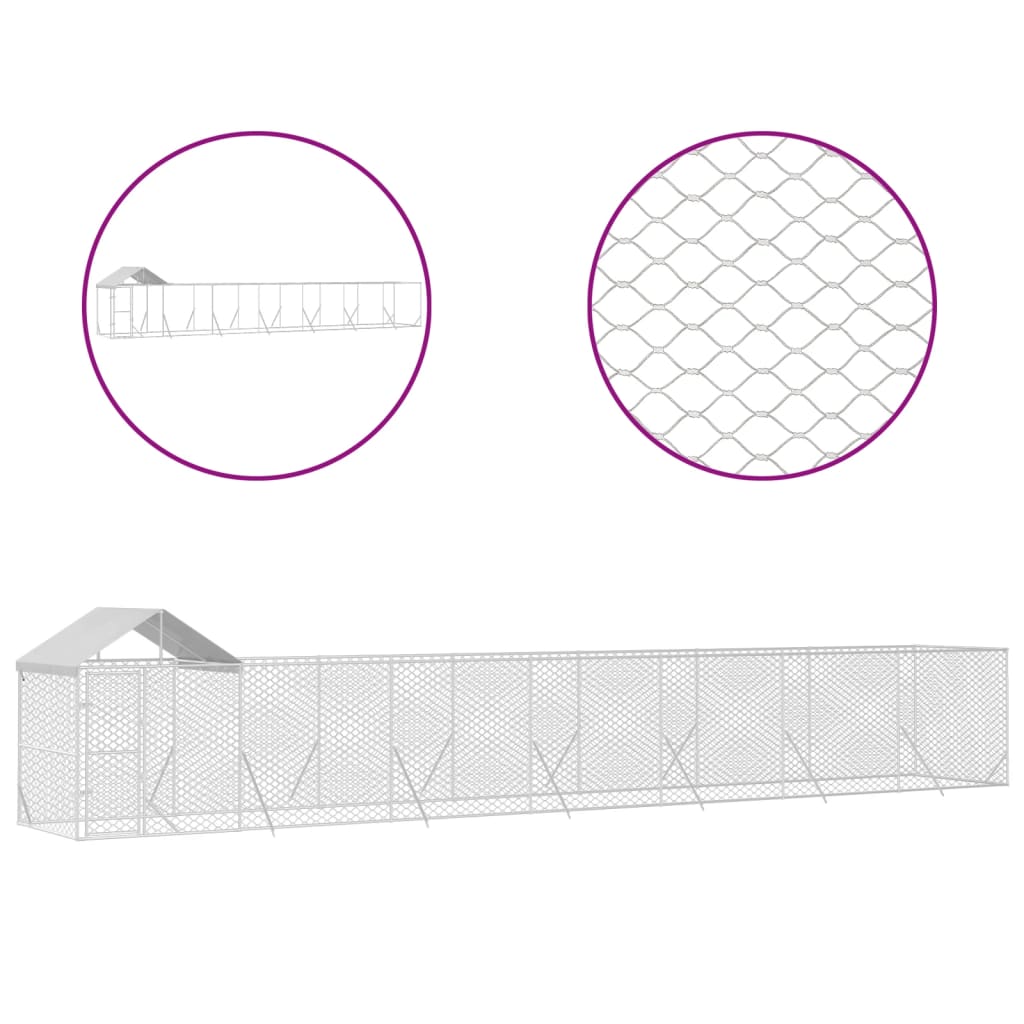 VidaXL Chenil pour chien avec toit 14x2x2,5 m en acier galvanisé argent