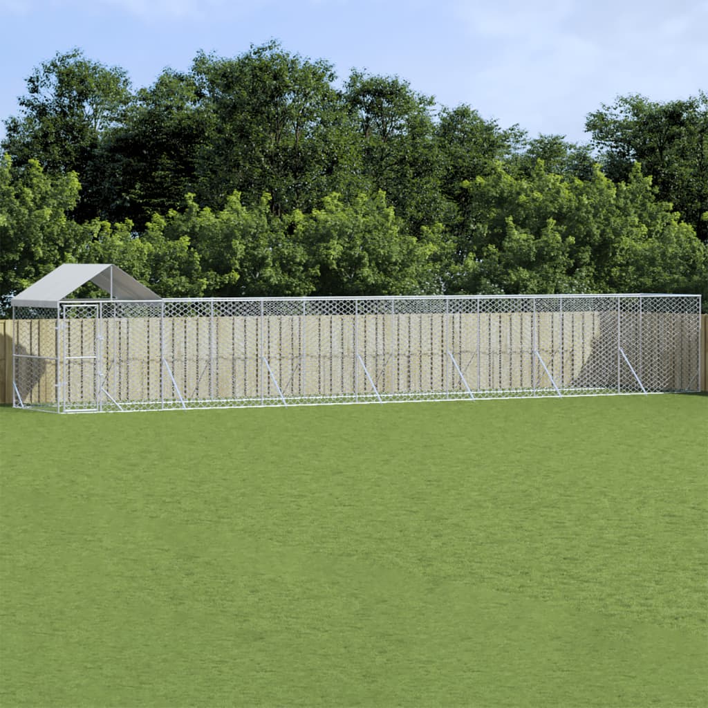 VidaXL Chenil pour chien avec toit 14x2x2,5 m en acier galvanisé argent