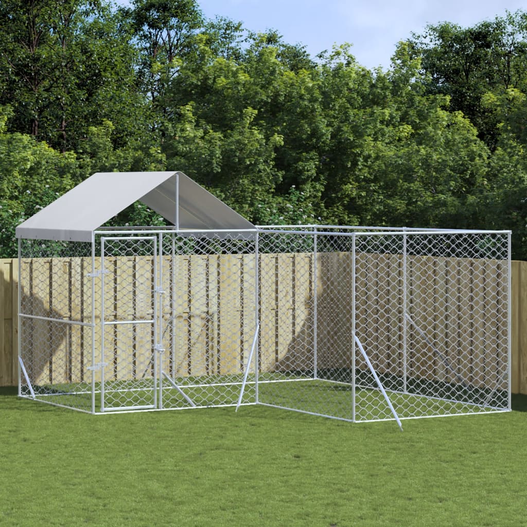 VidaXL Chenil pour chien avec toit 4x4x2,5 m en acier galvanisé argent