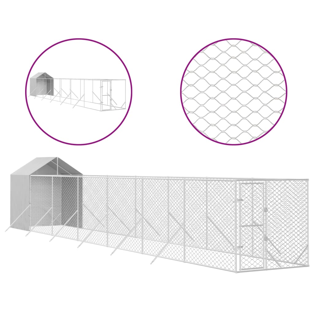 VidaXL Chenil pour chien avec toit 2x14x2,5 m en acier galvanisé argent