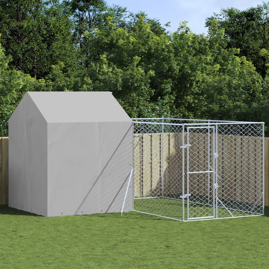 VidaXL Chenil pour chien avec toit 4x4x2,5 m en acier galvanisé argent