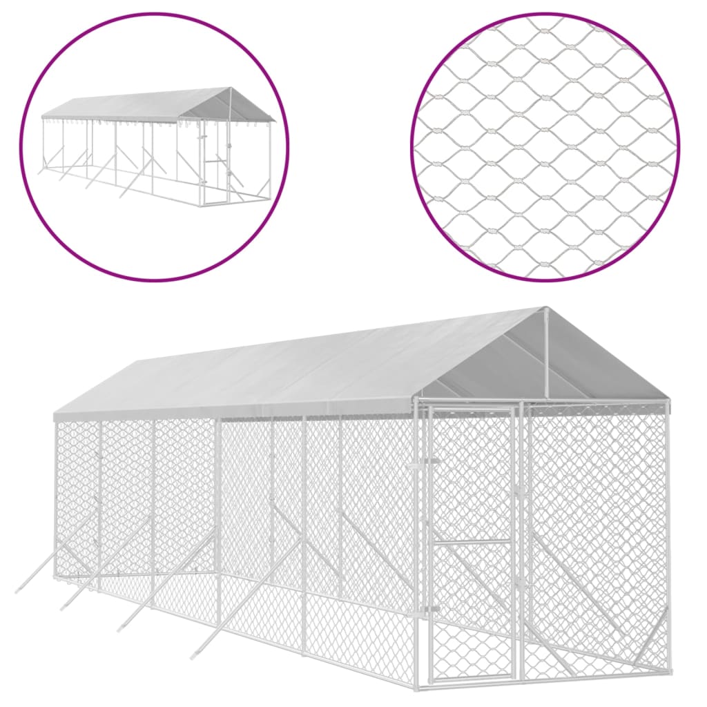 VidaXL Chenil pour chien avec toit 2x10x2,5 m en acier galvanisé argent