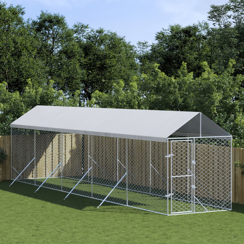 VidaXL Chenil pour chien avec toit 2x10x2,5 m en acier galvanisé argent