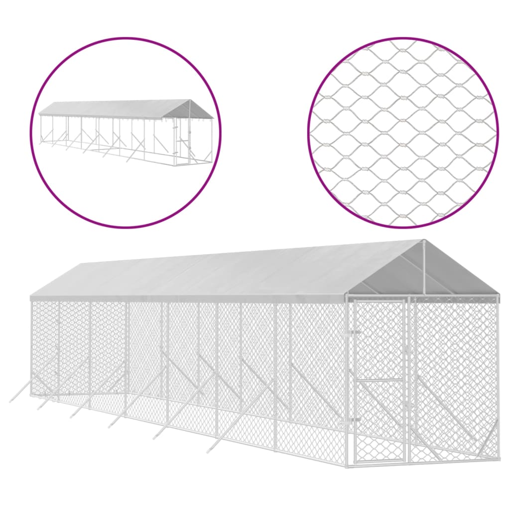 VidaXL Chenil pour chien avec toit 2x14x2,5 m en acier galvanisé argent