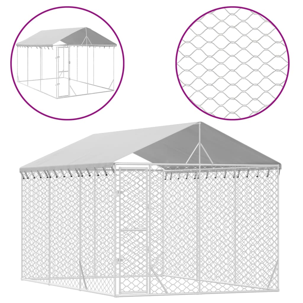 VidaXL Chenil pour chien avec toit 3x4,5x2,5 m en acier galvanisé argent