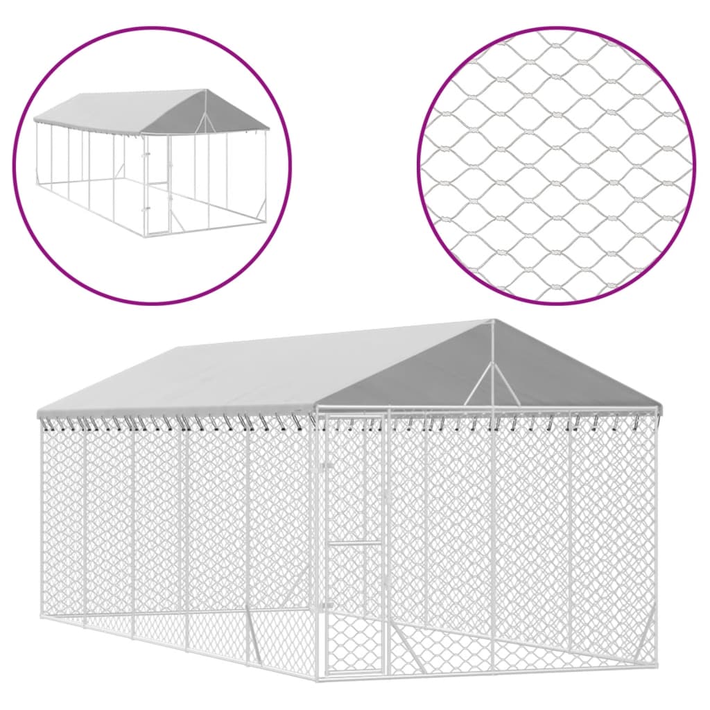VidaXL Chenil pour chien avec toit 3x7,5x2,5 m en acier galvanisé argent