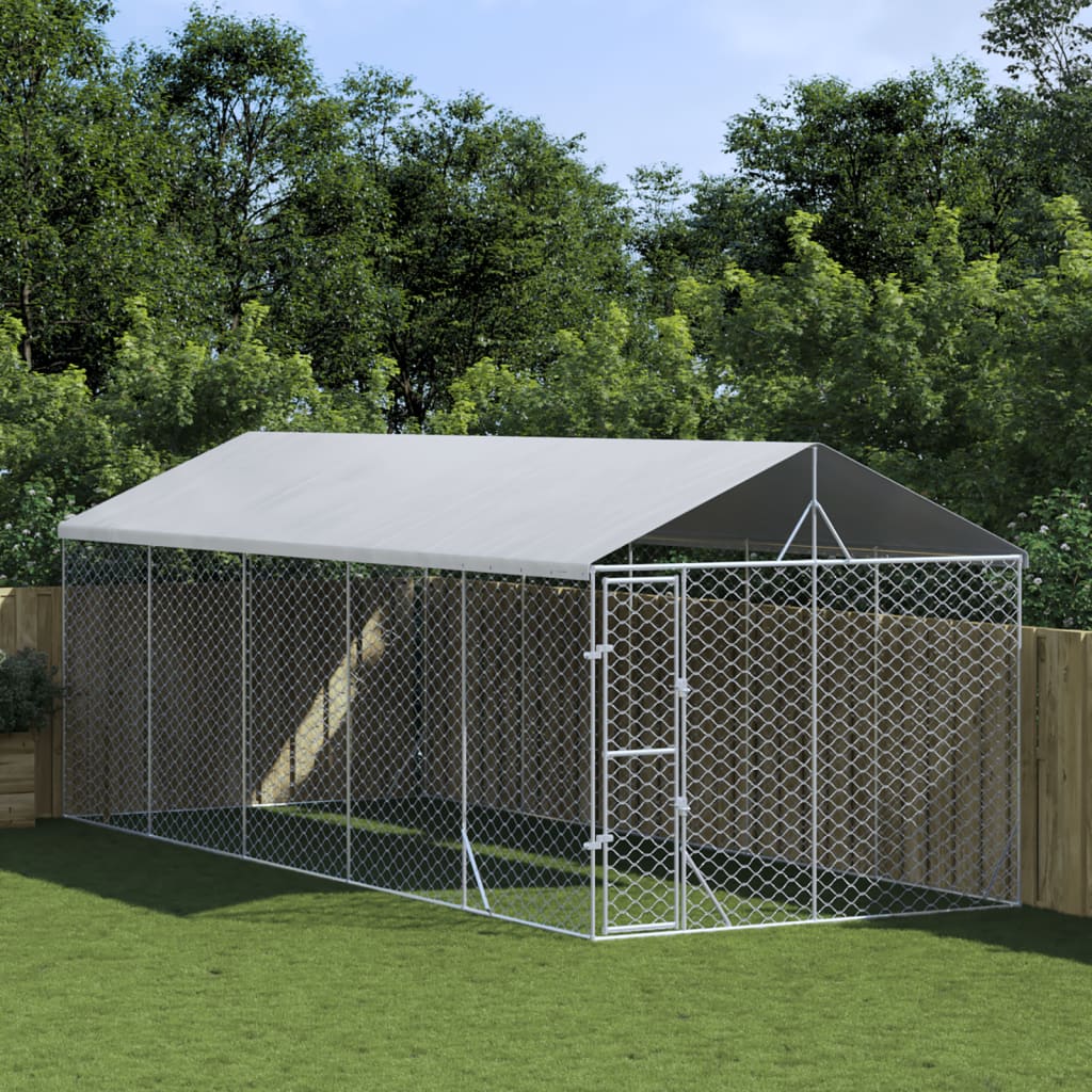 VidaXL Chenil pour chien avec toit 3x7,5x2,5 m en acier galvanisé argent