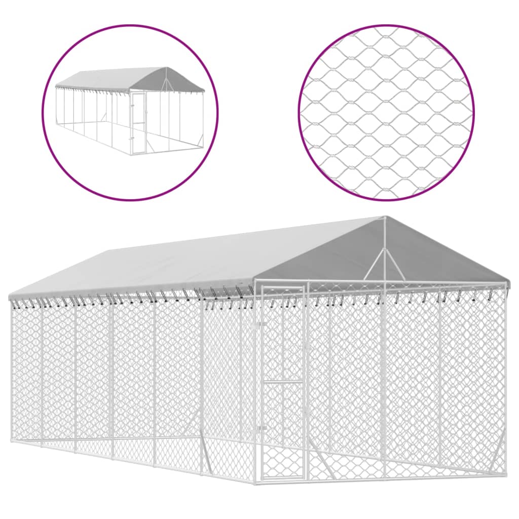 VidaXL Chenil pour chien avec toit 3x9x2,5 m en acier galvanisé couleur argent