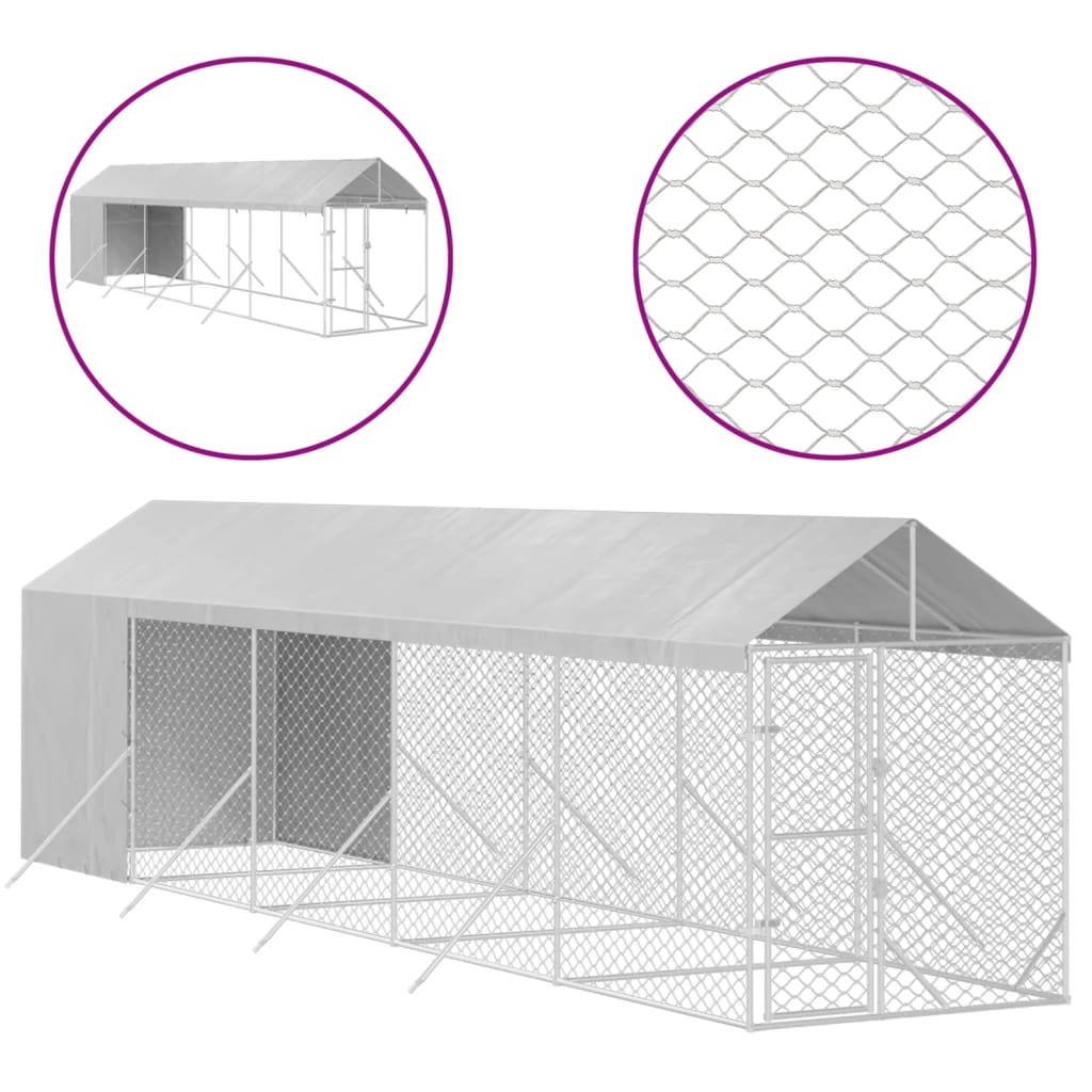 VidaXL Chenil pour chien avec toit 2x10x2,5 m en acier galvanisé argent