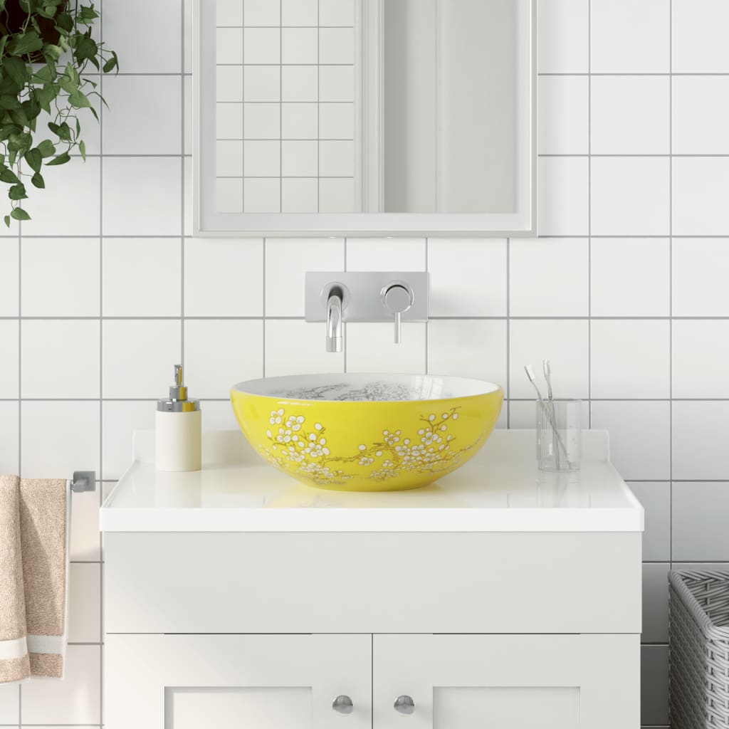 Vidaxx évier à poser rond φ41x14 cm en céramique blanc et jaune