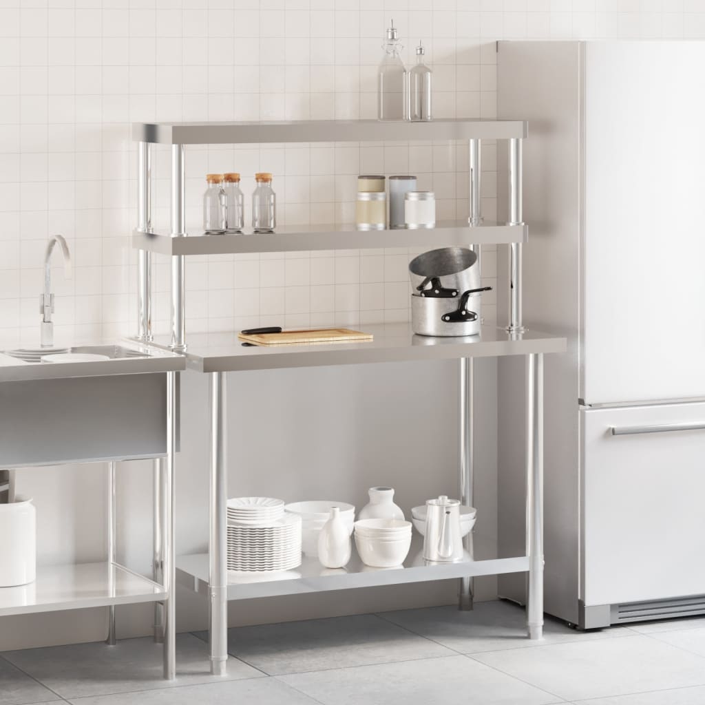 VidaXL Table de travail de cuisine avec étagère supérieure 110x55x150 cm acier inoxydable
