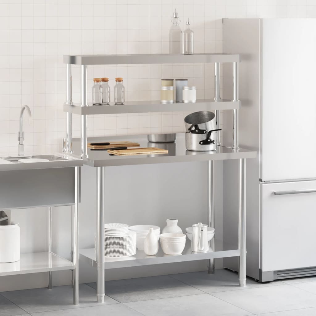 VidaXL Table de travail de cuisine avec étagère supérieure 110x55x150 cm acier inoxydable