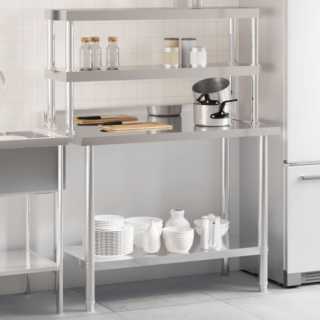 VidaXL Table de travail de cuisine avec étagère supérieure 110x55x150 cm acier inoxydable
