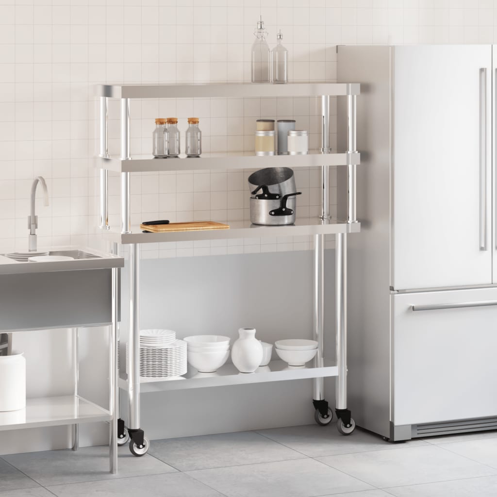 VidaXL Table de travail de cuisine avec étagère supérieure 110x30x150 cm acier inoxydable