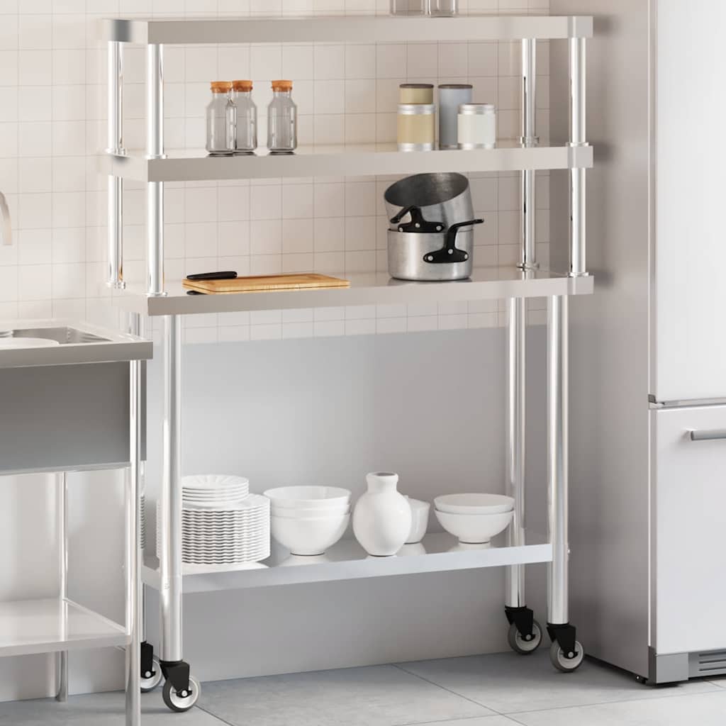 VidaXL Table de travail de cuisine avec étagère supérieure 110x30x150 cm acier inoxydable