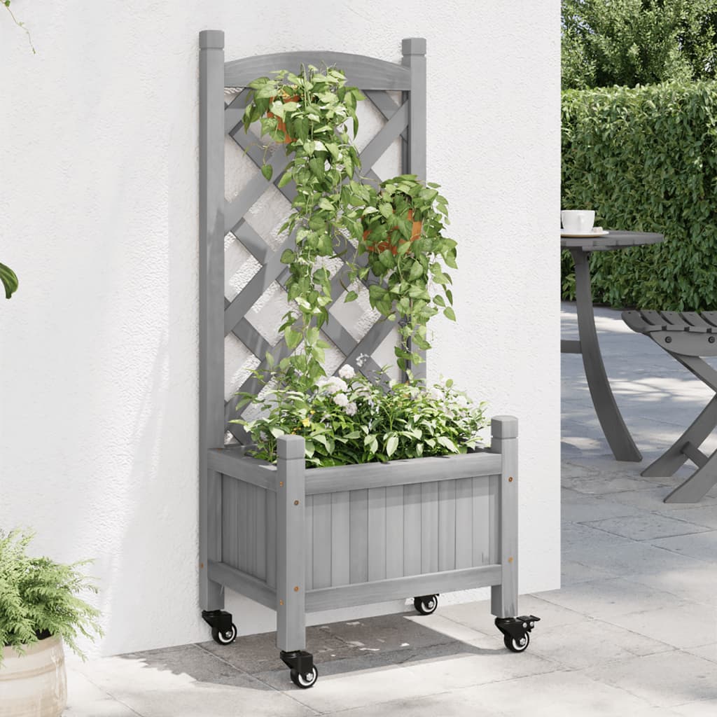 VidaXL Jardinière avec treillis et roulettes, bois de pin gris massif