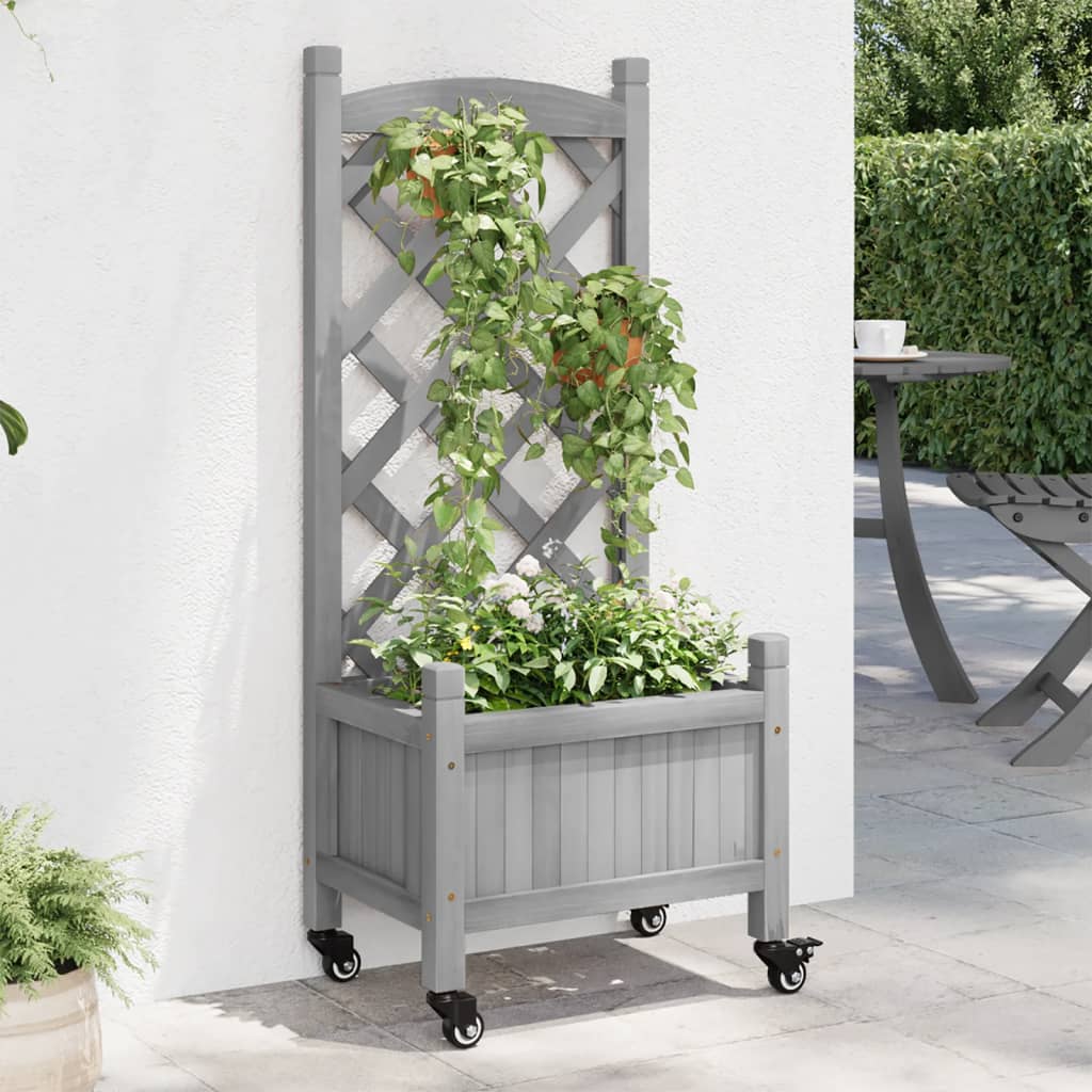 VidaXL Jardinière avec treillis et roulettes, bois de pin gris massif