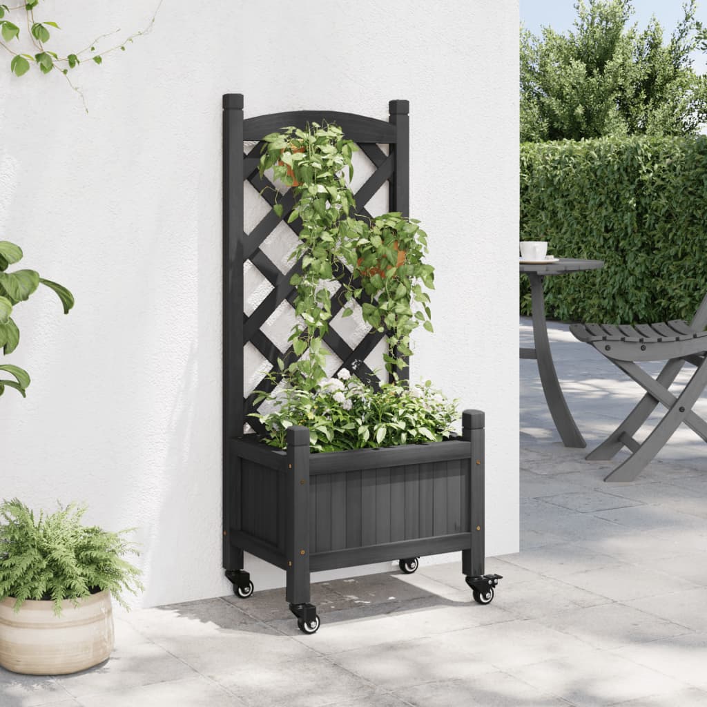 VidaXL Jardinière avec treillis et roulettes, bois de pin massif, noir