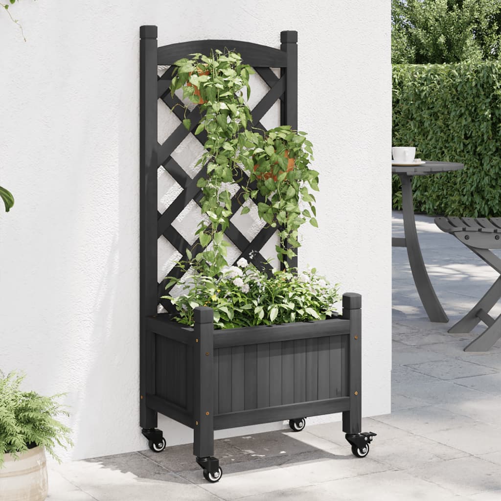 VidaXL Jardinière avec treillis et roulettes, bois de pin massif, noir