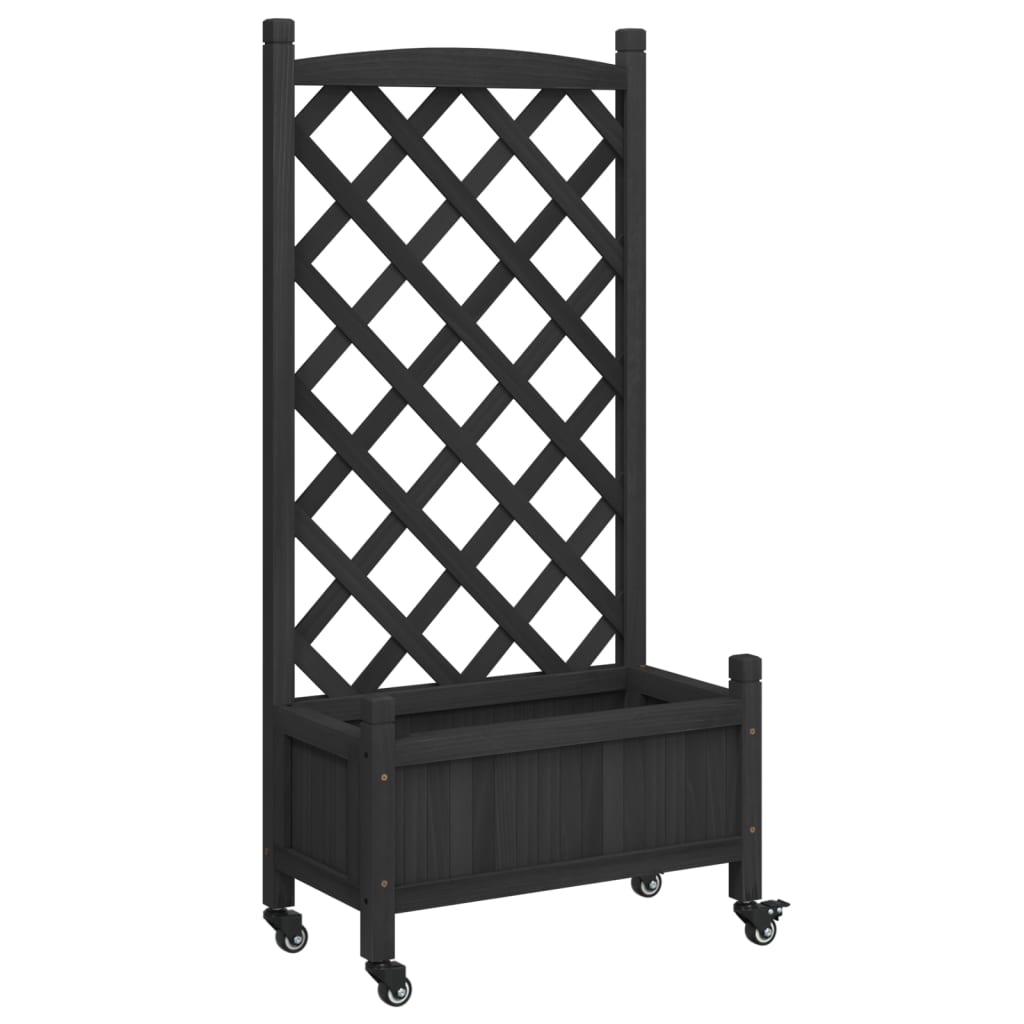 VidaXL Jardinière avec treillis et roulettes, bois de pin massif, noir